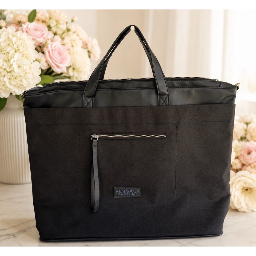 Versace Parfums Tote Bag Unisex Large Black Canvas Faux Leather Travel Work Bag